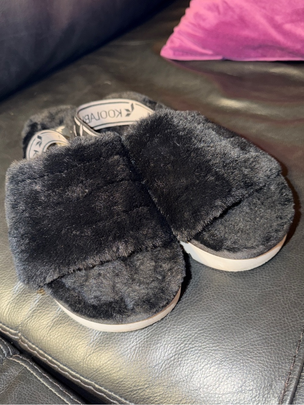 Koolaburra Black Faux-Fur Slide Sandals with Branded Elastic Heel